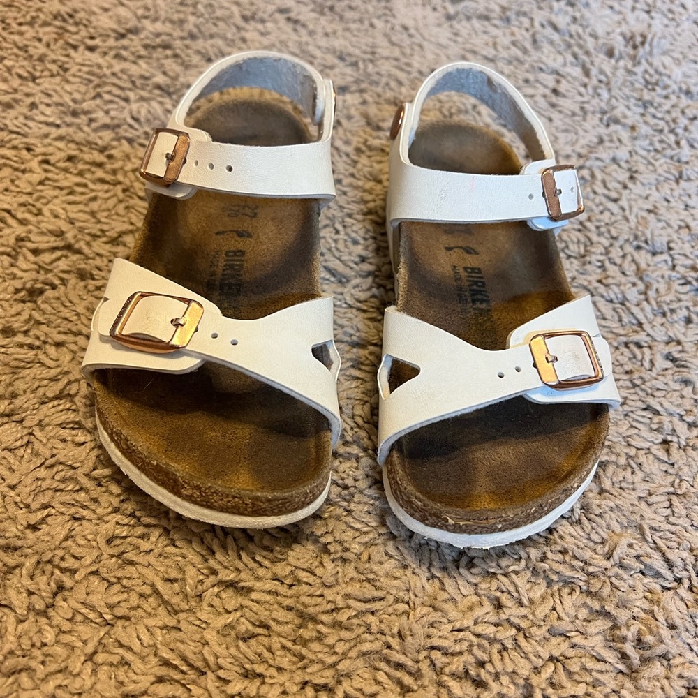 Birkenstock White Sandals with Metallic Buckles and Contoured Footbed